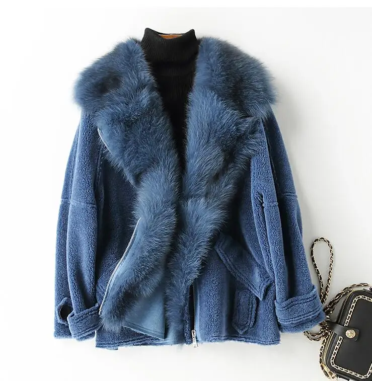 Real Fur Coat Fox Fur Collar Wool Jacket Autumn Winter Coat Women Clothes Korean Vintage Sheep Shearling Women Tops ZT3495