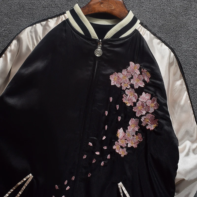 

2 Cherry Blossoms Dragon Totem Side Wear Yokosuka Embroidery Jackets Women 2021 Autumn Baseball Coats for Lovers Overcoat