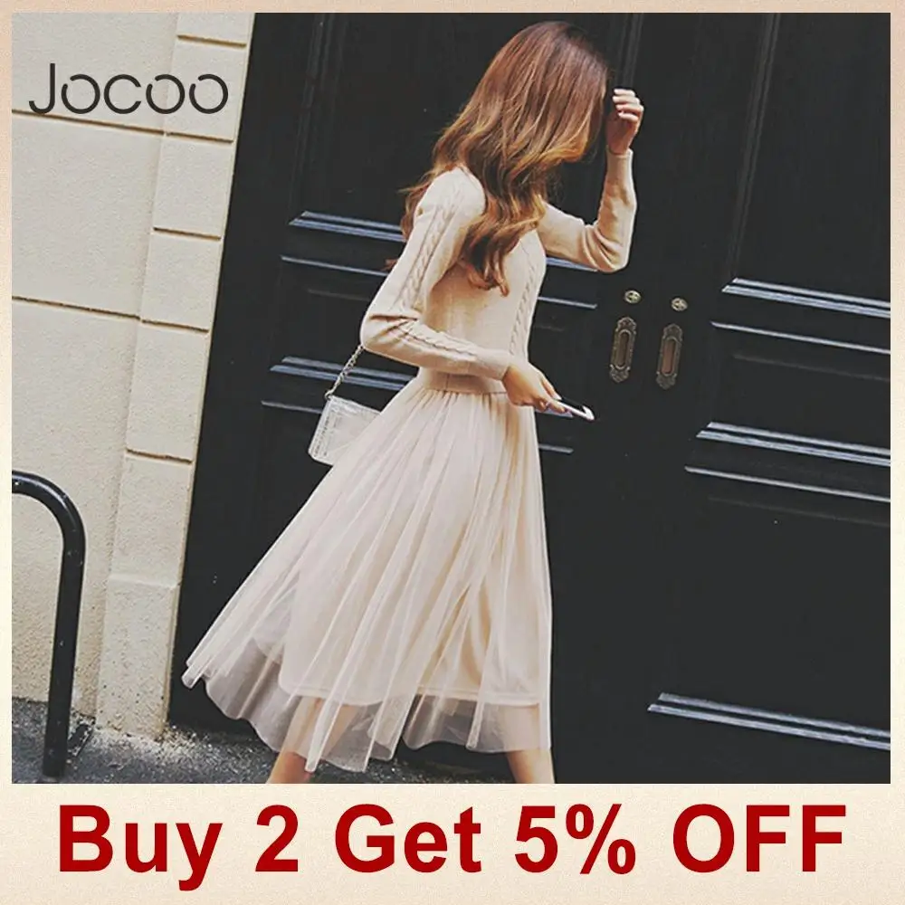 Jocoo Jolee осенне-зимнее женское свободное платье, Дамское однотонное винтажное платье с длинным рукавом, женское лоскутное Сетчатое трикотажное платье-свитер