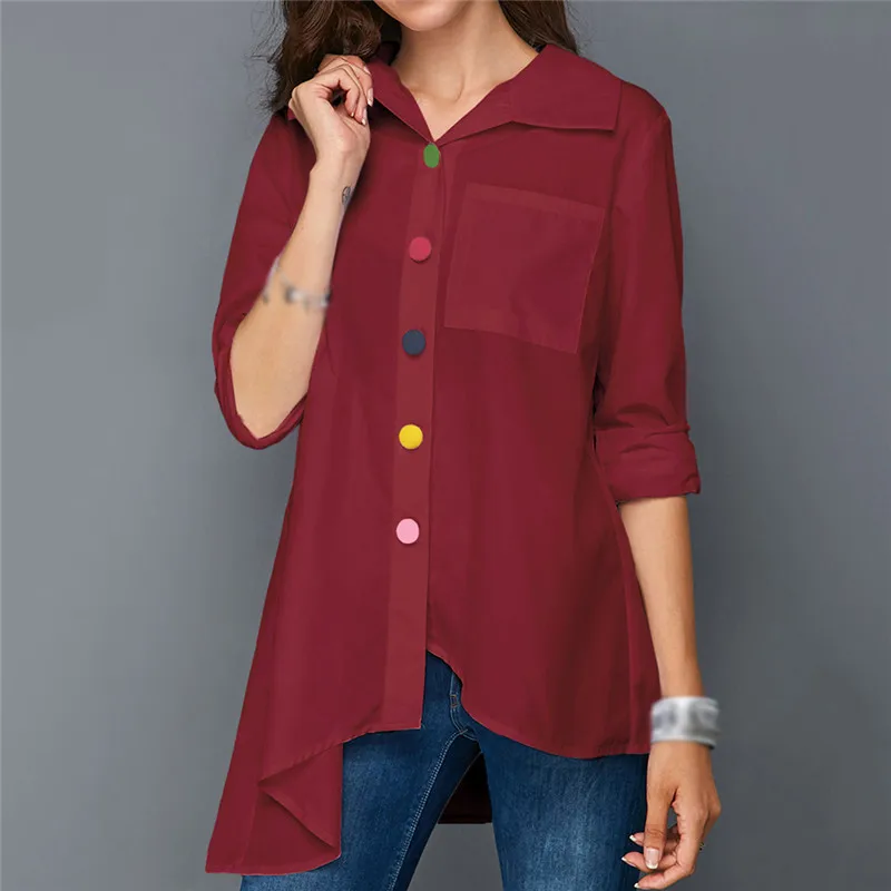 

Fashion Women Tunic Blouse 2021 Autumn Plus Size Long Sleeve White Shirt Colorful Button Pocket Female Top Large Size Clothes