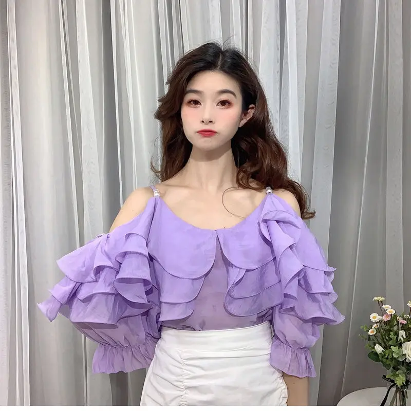 

ruffled off shoulder shirt 2020 summer sweet temperament top loose collar bone shirt woman Solid women tops and bloues Full