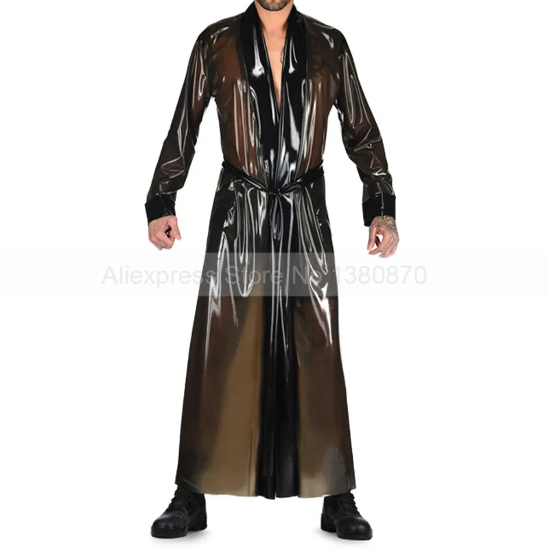

Transparent Black Sexy Male Latex Long Robe Men Rubber Fetish Party Suit Handmade Costumes S-LSM071