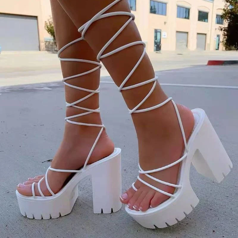 

Women's High-heeled Sandals Summer New Solid Color Ankle Winding Straps Thick Heel Casual Shoes Comfortable Outdoor Sexy Sandals