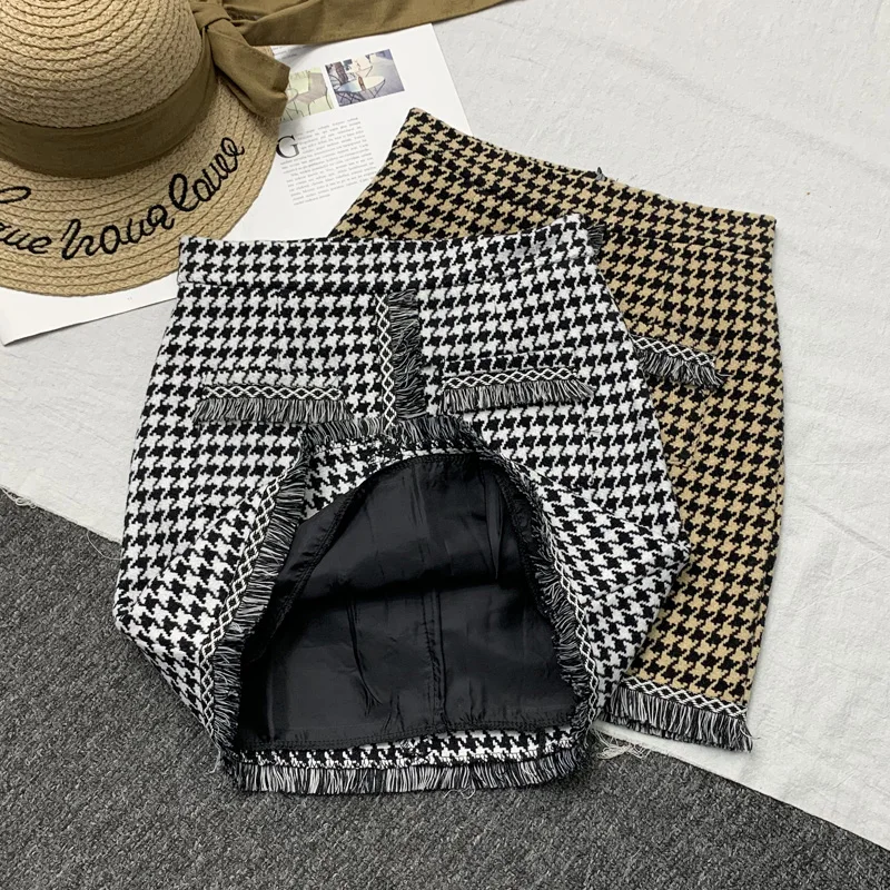 Осенне-зимняя Клетчатая Шерстяная Юбка Женская твидовая мини-юбка с бахромой из