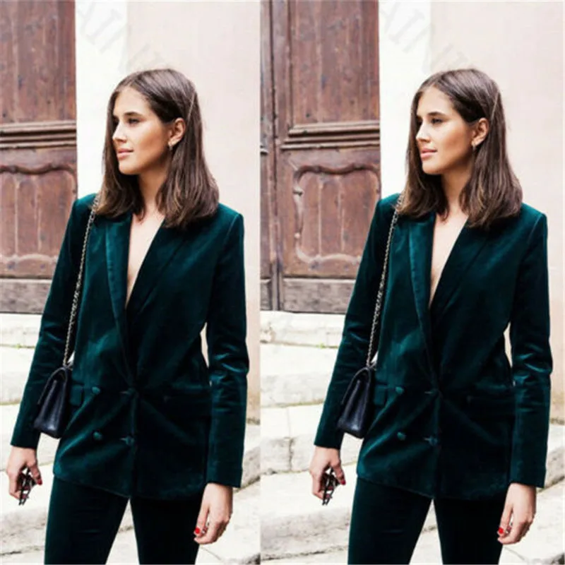 Green Velvet Formal Work Suit For Women Slim Formal Double Breasted Ladies Blazers