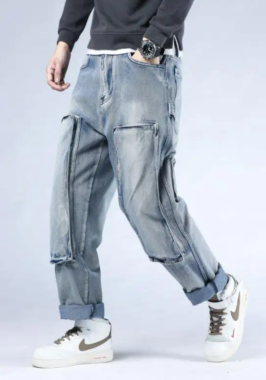 Loose Jeans For Men Baggy Jeans Big Pocket Do The Old Washed Jeans Skateboard Pants Baggy Men Jeans Size 40-46