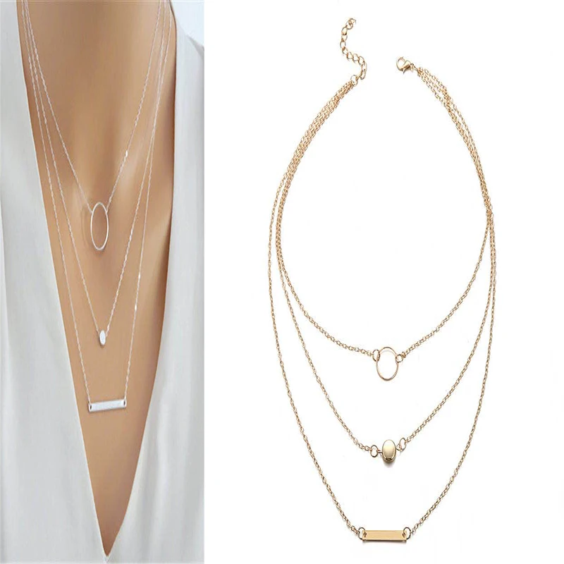 Комплект многослойного ожерелья для женщин чокер до ключиц под золото простые