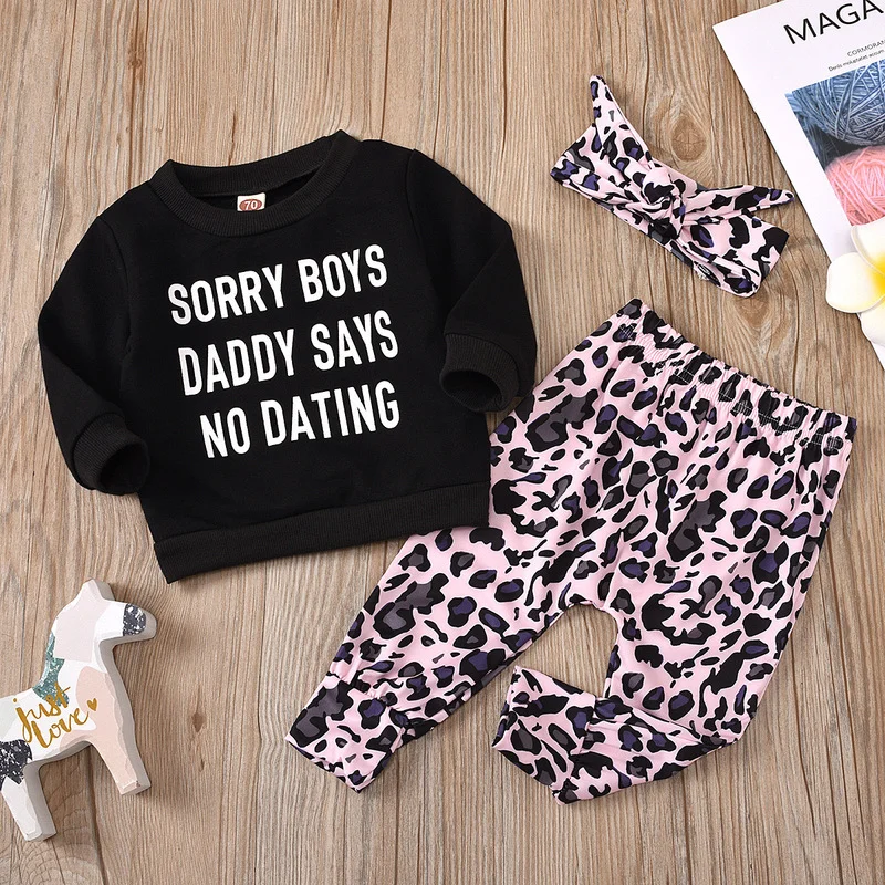 

Spring Children's Suit Girl Black Letter Printing Long Sleeve + Leopard Print Trousers 2 Piece Set Free Gift Kids Clothing GT21