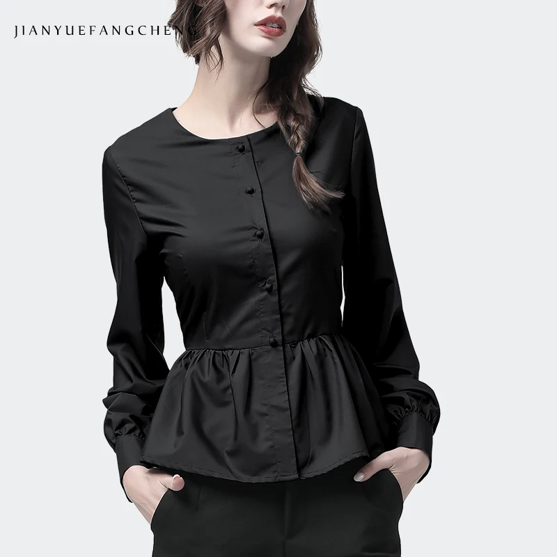 Женская блузка с баской и твердые Цвет топ круглым вырезом длинными рукавами