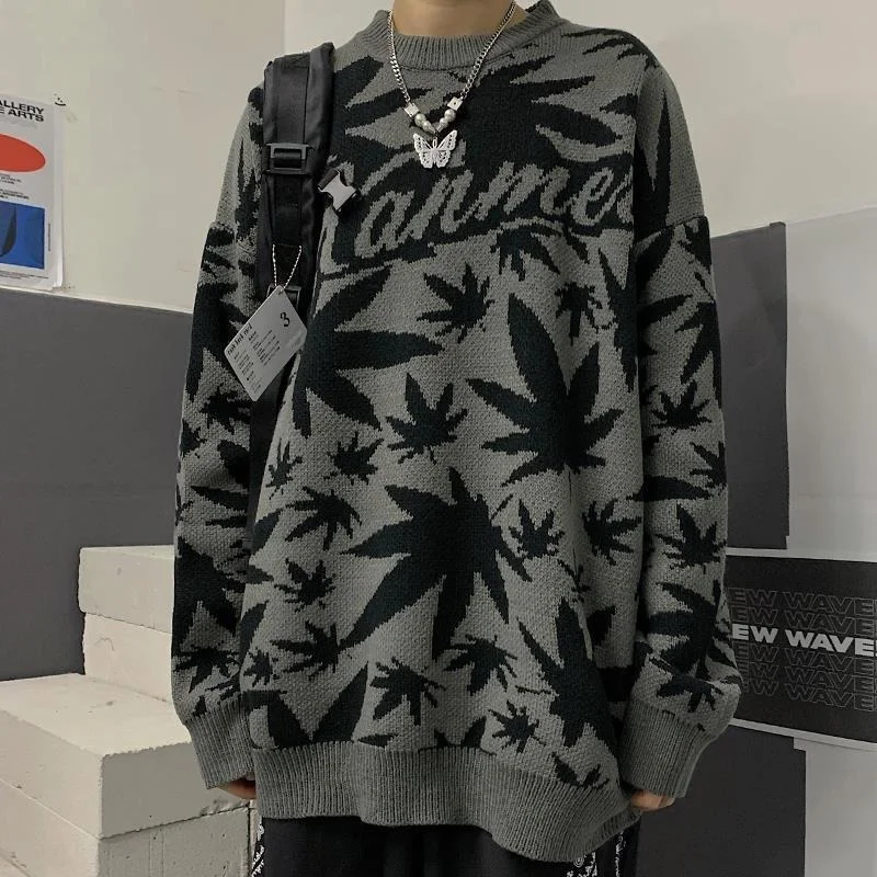

Deeptown Streetweer Maple Leaf Print Knitted Sweater Women Harajuku Hiphop Punk O-Neck Oversize Long Sleeve Jumper Female Winter