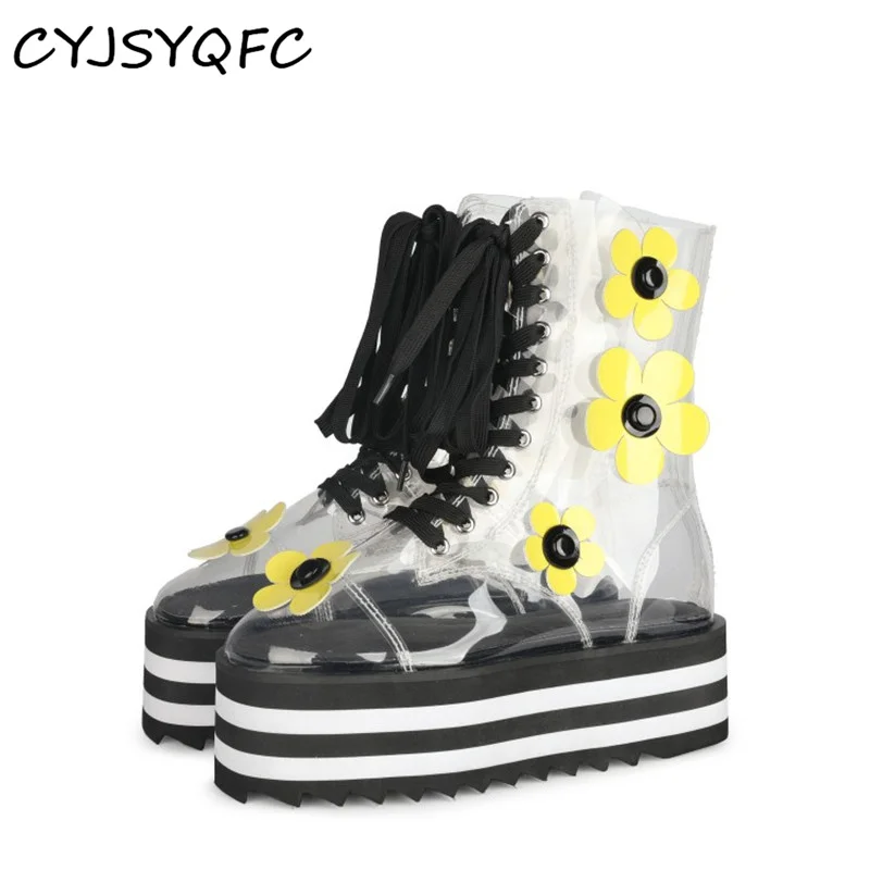 

CYJSYQFC 2021 Fashion Flower Transparent PVC Women Ankle Boots Round Toe Lace Up Striped Heels Flat Platform Ladies Short Boots