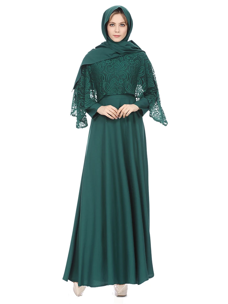 

2021 Newest Autumn Fashion Lace Spliced Loose Robe Femme Elegant Muslim Arabian Oman Long Lantern Sleeve Green Maxi Dresses