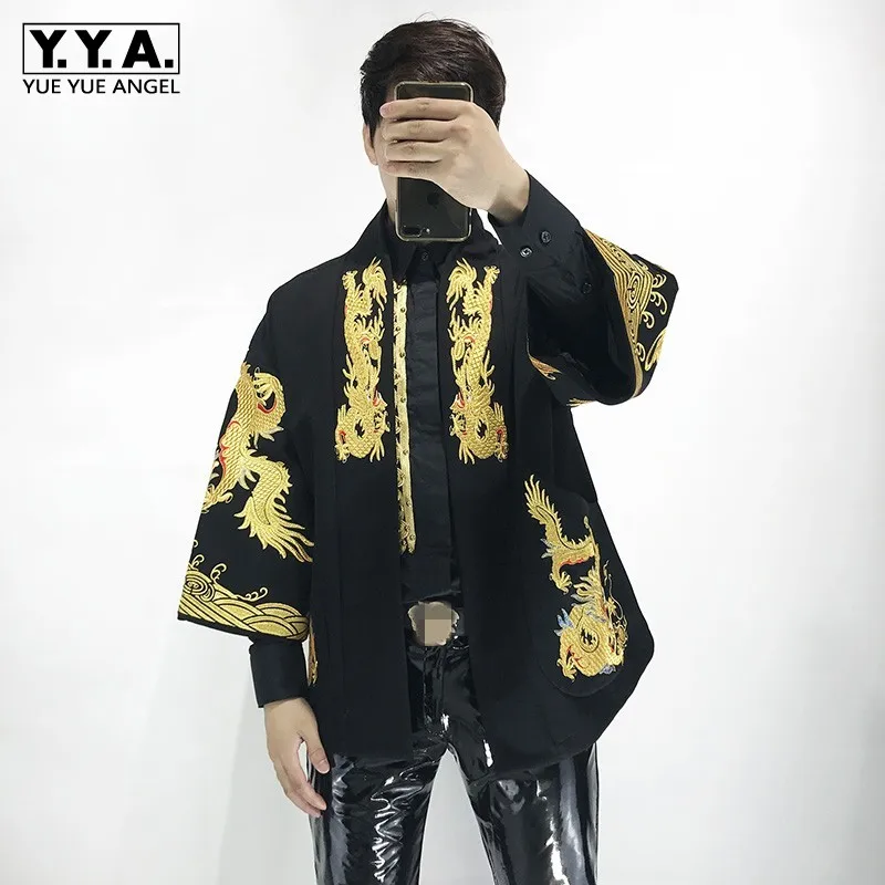 Мужская винтажная куртка с вышивкой дракона свободная уличная одежда воротником