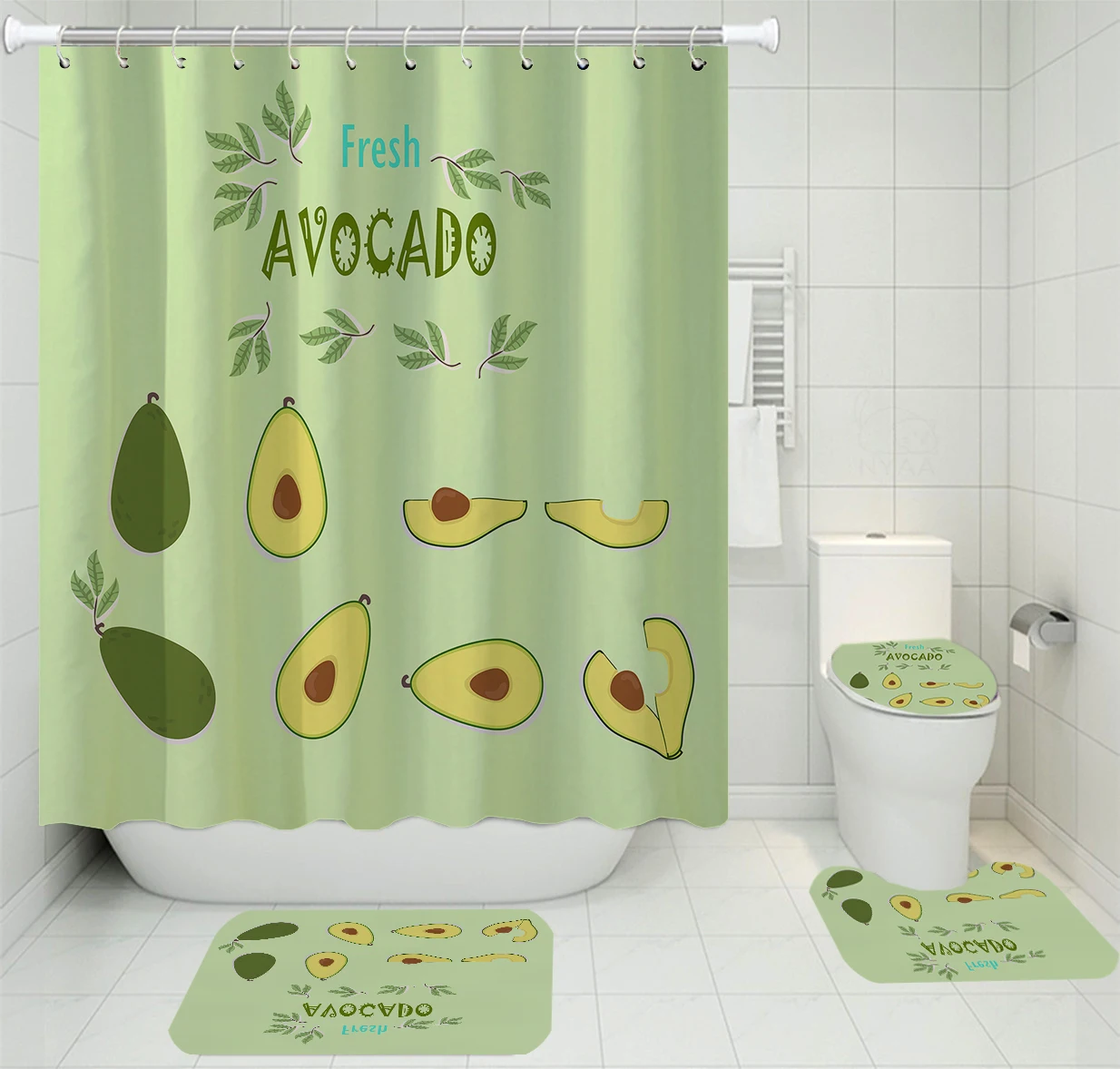Enlarge Avocado Lemon Print Bathroom Shower Curtain Set With Non-slip Carpet Mat Vegetable Fruit Print Waterproof Polyester Bath Curtain
