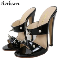 sorbern black punk style women slippers open toe slip on sandal summer shoes high heel rivets unisex slides outdoor custom