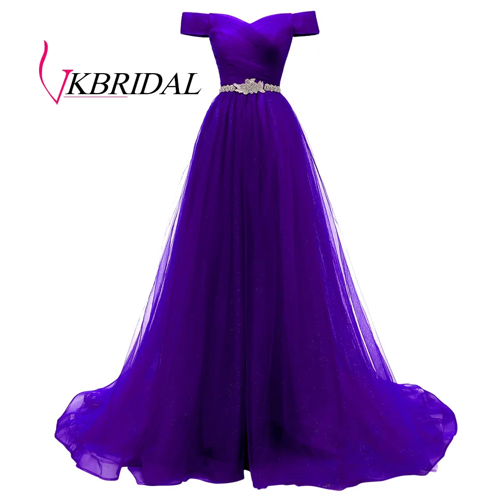 Фиолетовый VKBRIDAL, Красное длинное вечернее платье с открытыми плечами и поясом, расшитое бисером, винтажные платья для выпускного вечера, vestido de festa, недорогое вечернее платье со шнуровкой на спине - Цвет: Фиолетовый