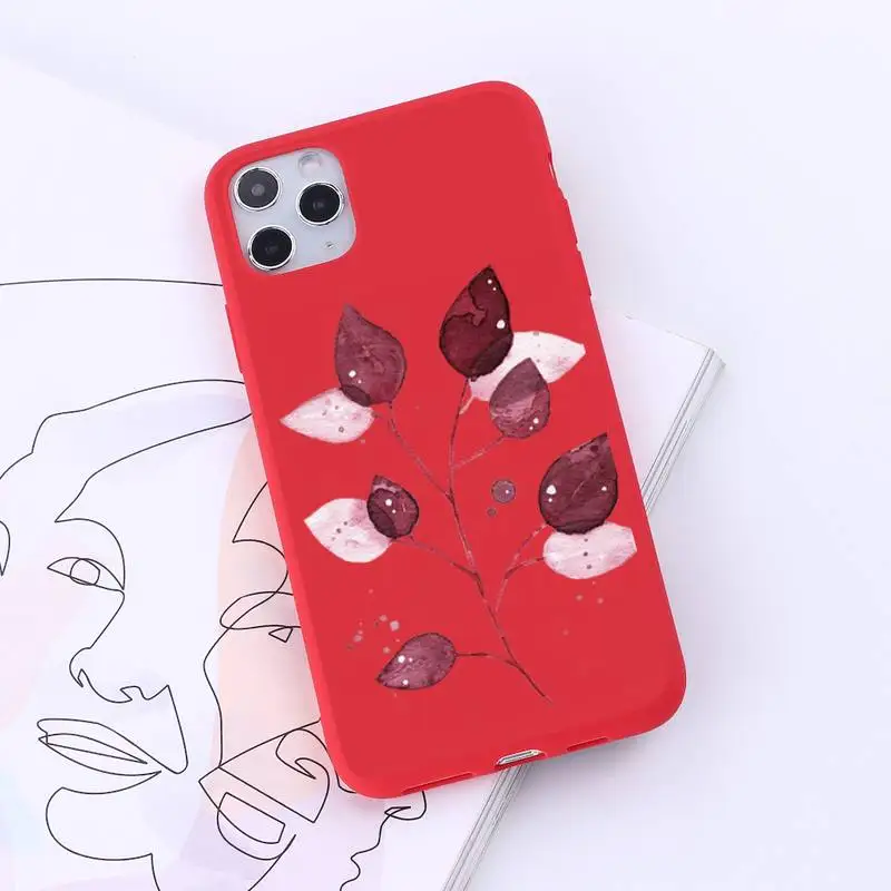 

Cute pink leaves Phone Case Red Candy Color for iPhone 6 7 8 11 12 s mini pro X XS XR MAX Plus