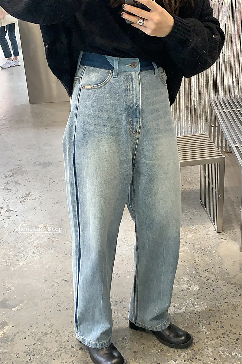 

IEQJ 2021 new spring and summer fashion women clothes high waist full length pants denim washted light color jeans WP25005L
