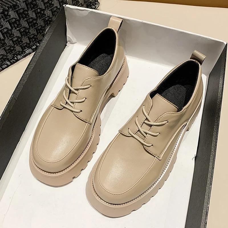 

Women Oxford Shoes 2021 Spring Thicken Soled Brown Black Classic Leather Lofters Female British Style Lace up Platform Shoes