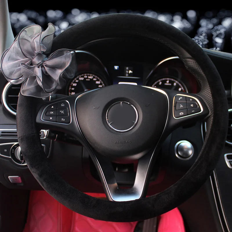 

Cute Bowknot Universal Car Steering Wheel Cover Winter Soft Plush Crystal Steering Wheels Case Women Auto Interior Decoration