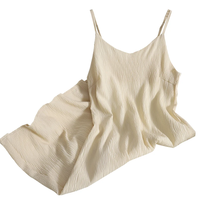 

Abrini Women Pleated Chiffon Dress Women Loose Casual Summer Camis Dress Sweet Soft O-neck Pullover Straight Spaghetti Strap