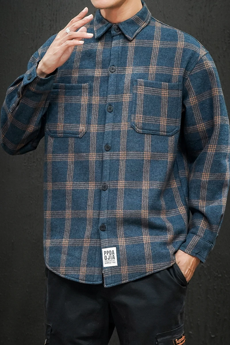 

Plus Size4XL 5XL Warm Fleece Shirts for Men 2020 Winter New Japanese Style Plaid Casual Full Long Sleeve Shirt Trendy Men