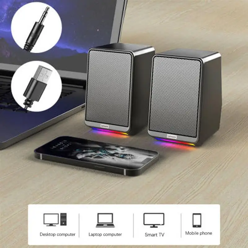 lenovo ts38 tws speaker sound box with rgb light 2 channel hifi stereo sound usb 3 5mm jack for laptop computer tv pc gaming free global shipping