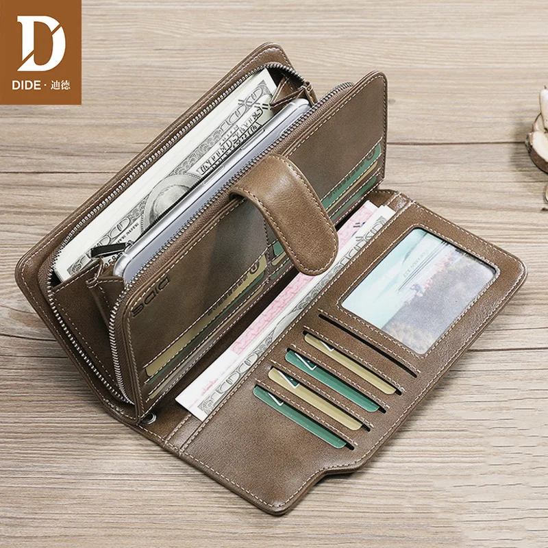 

DIDE Vintage Business Clutch Bags Genuine Leather Wallets Zipper & Hasp Male Purses Long Phone Wallet For Men Khaki Coffee