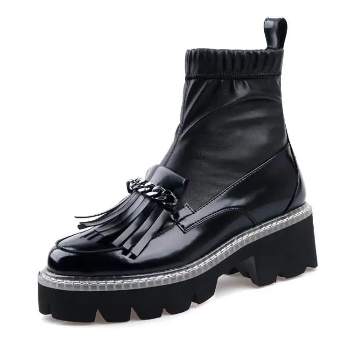 patent black Buono Scarpe/женские ботильоны с металлическими цепочками; полуботинки с эластичными кисточками; черная обувь на платформе в стиле панк; Mujer; женские носки; - Цвет: patent black