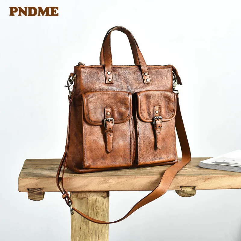 PNDME vintage high-quality genuine leather men's briefcase luxury natural real cowhide work handbag casual brown messenger bags