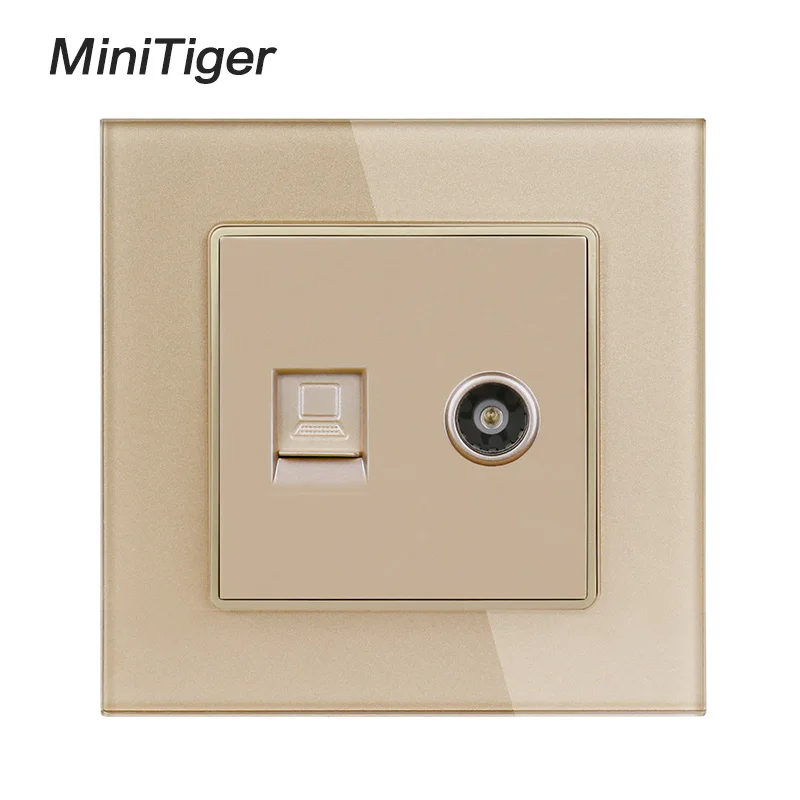 Minitiger White Luxury Crystal Glass Panel RJ45 Internet Data Computer Jack CAT5E Connector With Female TV Outlet Wall Socket |