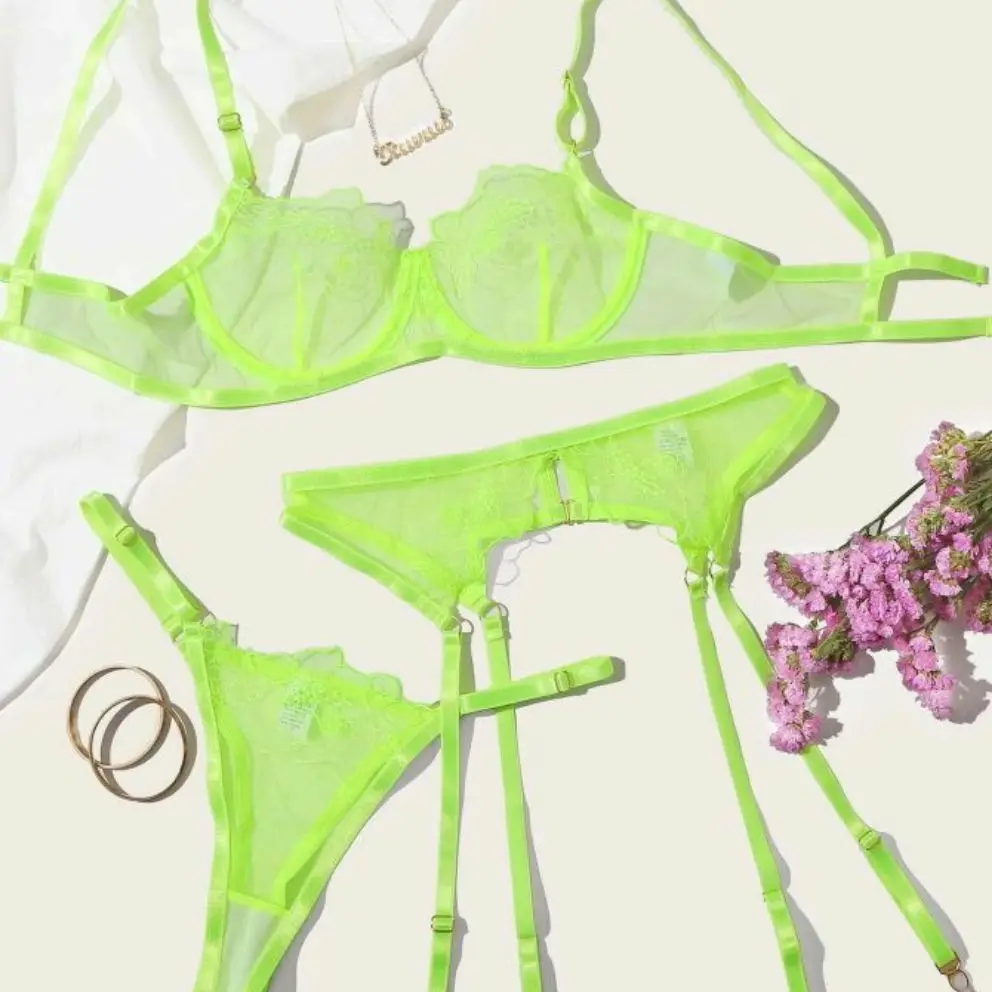 

Green Sexy Fluorescent Summer Thin Women's Erotic Lingerie Mesh See-through Underwear Underwire Gathered Bra Thong Garter Set