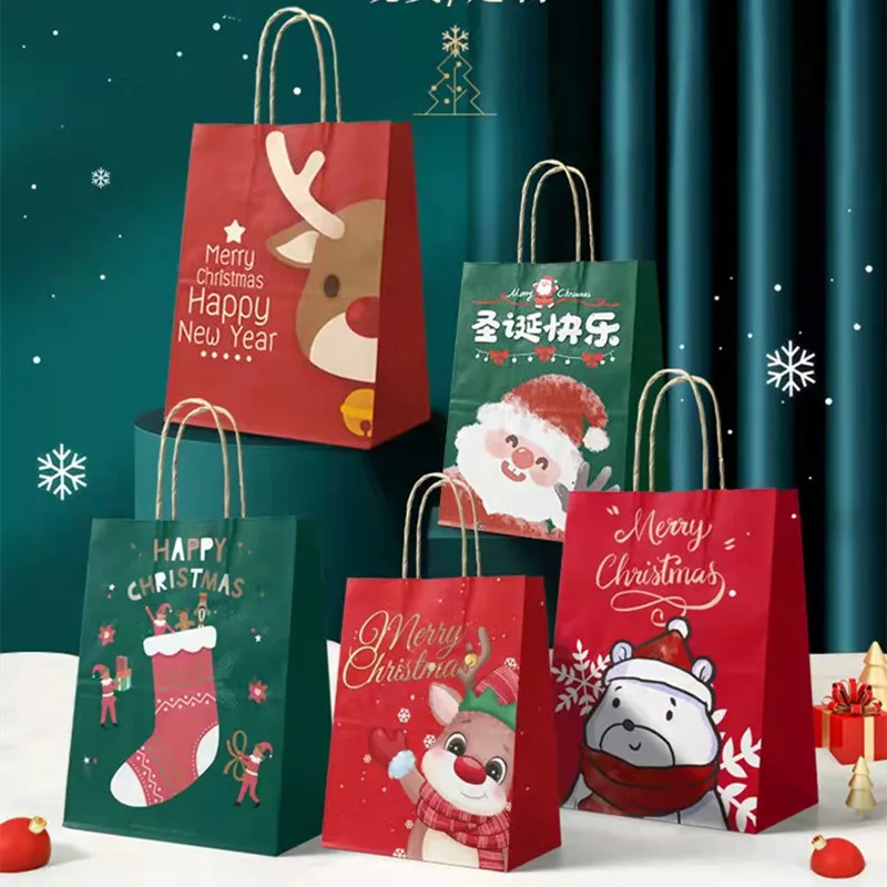 10pcs Kraft Paper Candy Cookie Bag Santa Claus Snowman Merry Christmas Gift Bags Packing Navidad New Year Party Decor Supplies