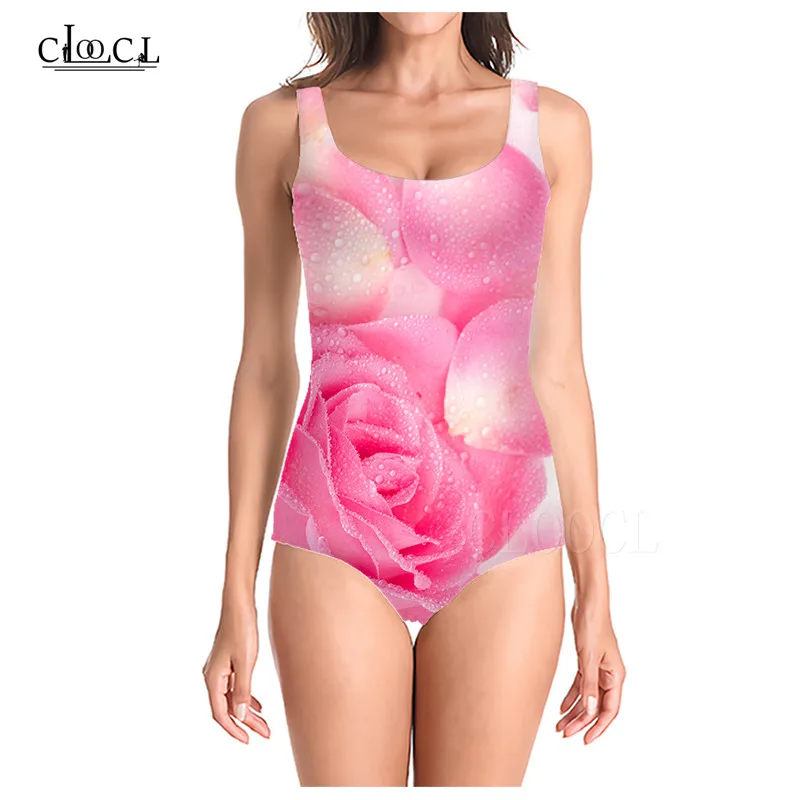 Женский слитный купальник с 3d лепестками розы розовый облегающий без рукавов 3D