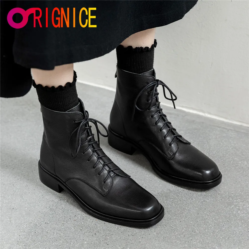 

Orignice Women New Fashion British Style Lace Up Motorcycle Ankle Boots Black Ladies Comfy Low Heel Genuine Leather Party Shoes