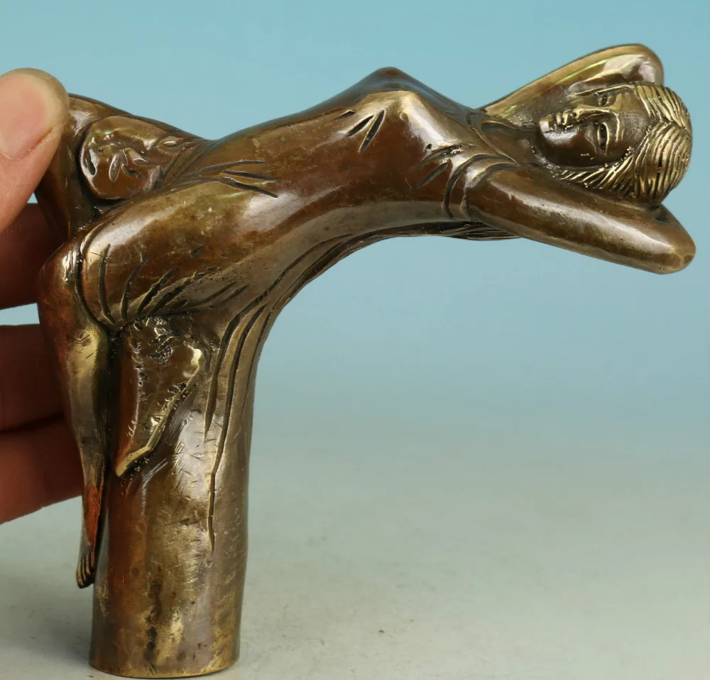 

Old Chinese Bronze Handmade Carved belle Collect Statue Walking Stick Head