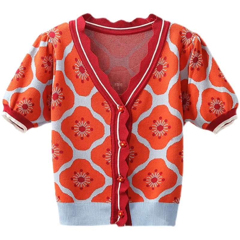 

European Station Sweater Women Korean Cardigan Sweaters Puff Sleeve Ice Linen Cardigan Women Retro Ropa Mujer Blusa Feminina