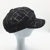 women plaid tweed baker boy hat with gold and silver lurex ladies girls black checks octagonal hats female newsboy winter hats