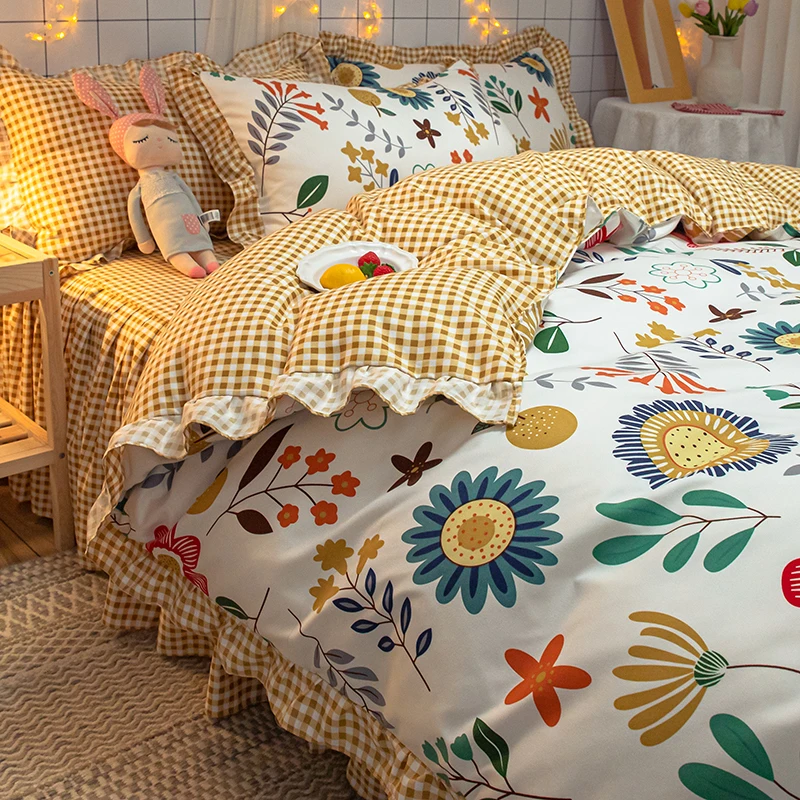 

Korean Green Yellow White Duvet Cover Set Romantic Lace Girls Princess Luxury Quilts Cover Queen Full Single Flowers Bedding Set