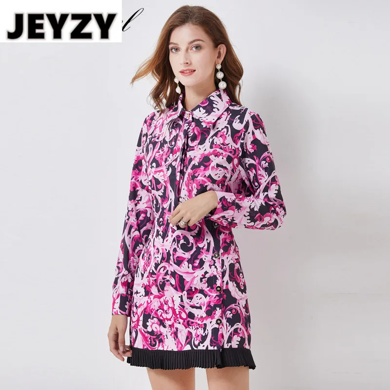 

Autumn Spring Runway Skirt Suit Women Vintage Purple Flower Print Blouse Shirts + Stitching Pleated Short Skirt 2 Pieces Set