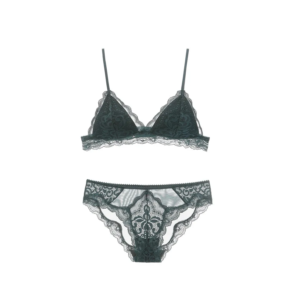 Thin Cotton Triangle Cup Bra Set Non-Steel Ring Lace Sexy GIRL'S Small Bust Underwear
