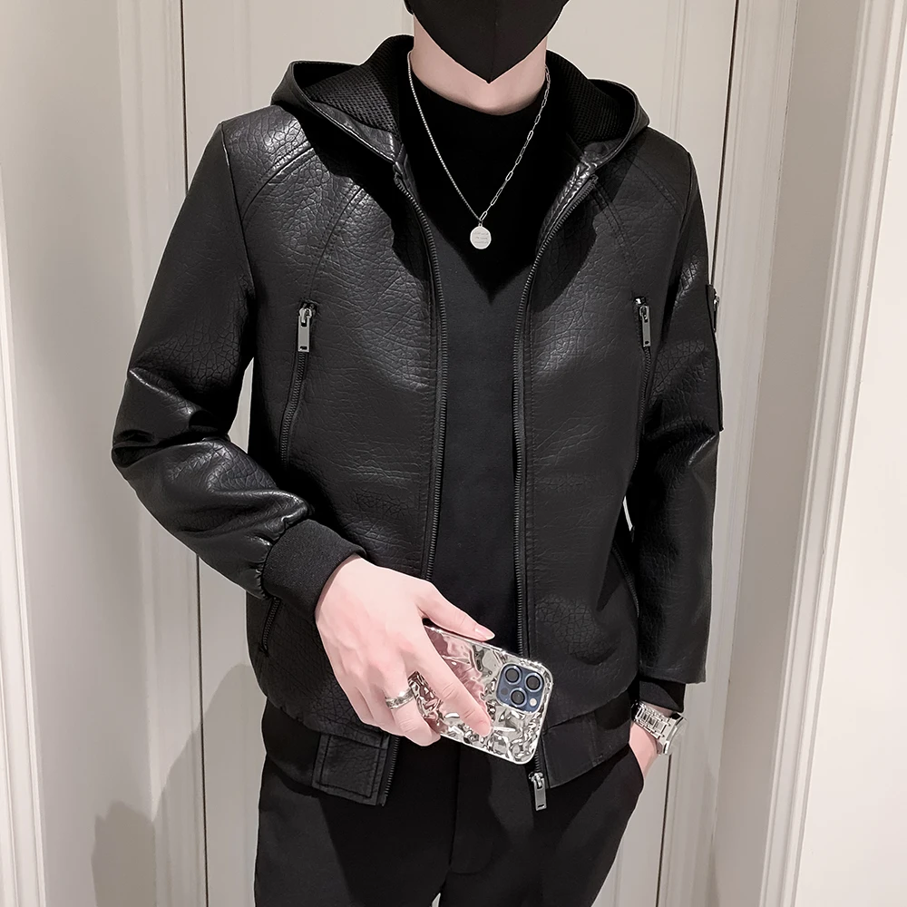 Мужская мотоциклетная кожаная куртка с капюшоном модная мужская байкерская из