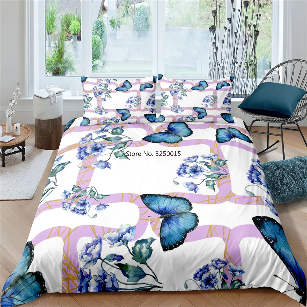 

3D Digital Printing Custom Bedding Duvet Cover Set Queen King,Wedding Bedclothes Colorful Flowers with Butterfly Big Bedspread