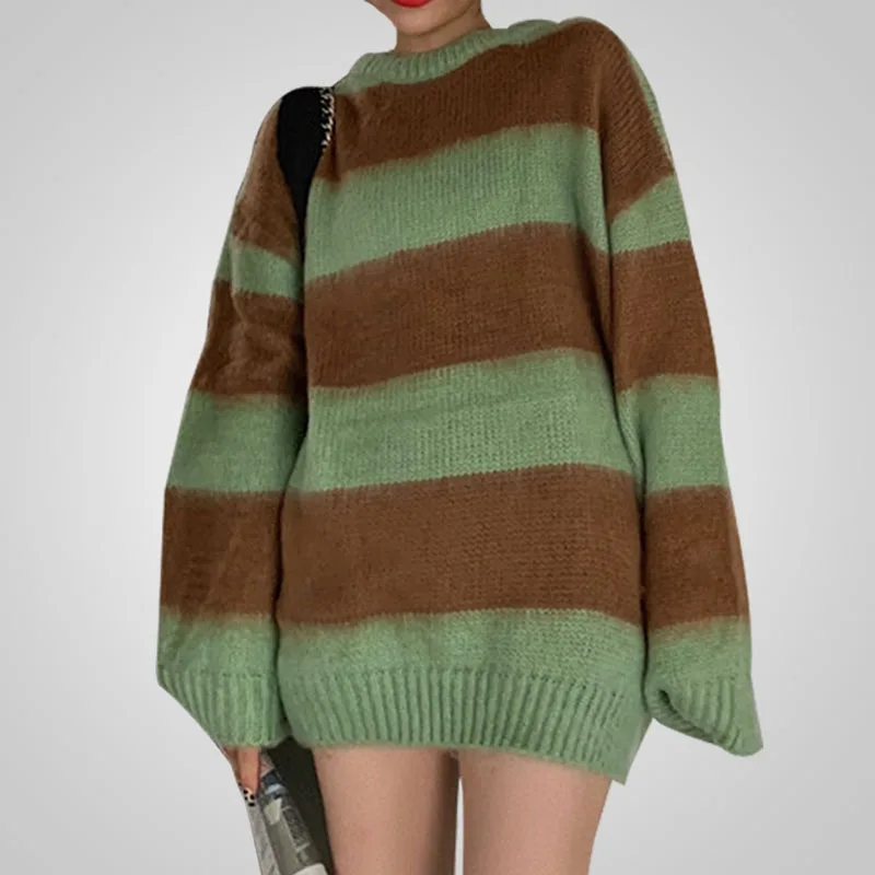 

Women's Sweater Korean Autumn And Winter Dark Loose Brushed Sweater Women's New Color-blocking Sleeve Striped Sweater Warm Top
