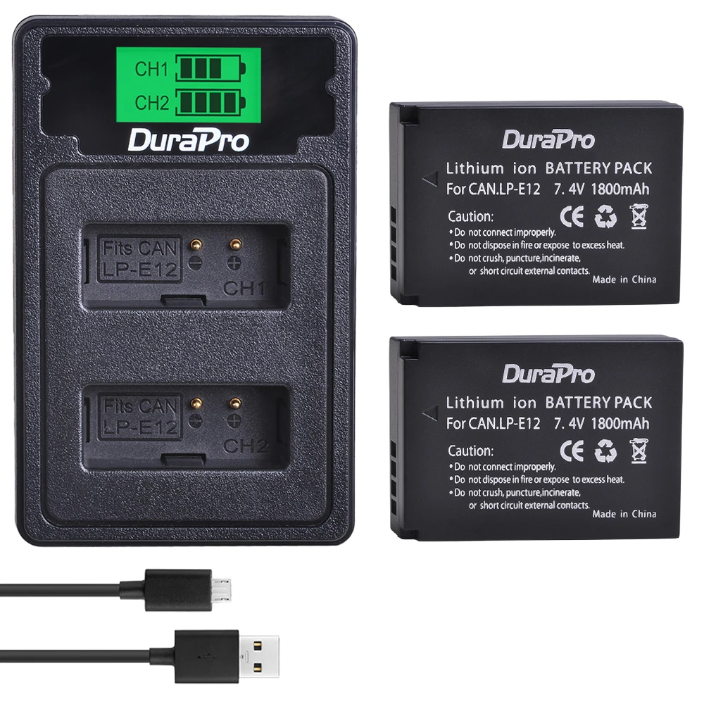 DuraPro 2x1800 мАч LP E12 батарея для камеры + ЖК Зарядное устройство USB Canon EOS M50 M100 100D Kiss X7