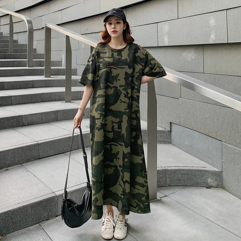 

H Style Half Sleeve Long Teens Women Cotton Dress With Pockets Oversized Camouflage Army Green Summer Dress Women Y2k Dress