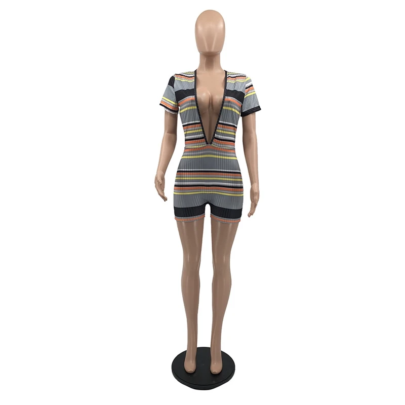 

Summer Outfits for Women Striped Knitted Bodycon Playsuit Deep V Short Sleeve Overalls Sexy One Piece Club Short Bodycon Romper