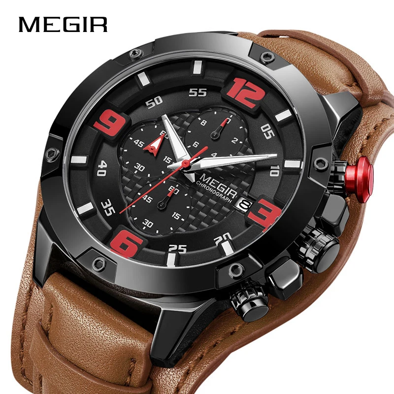Мужские часы с хронографом MEGIR Роскошные Аналоговые кварцевые наручные кожаным