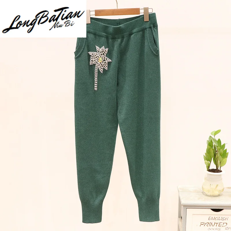 Женский спортивный костюм вязаный свитер со стразами и рукавами длинные брюки