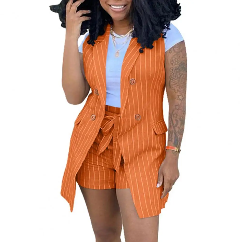 

2Pcs/Set Women Blazer Sets Sleeveless Stripe Pattern Colorful Two Pieces Plus Size Office Ladies Stand Collar Summer Suits Sets